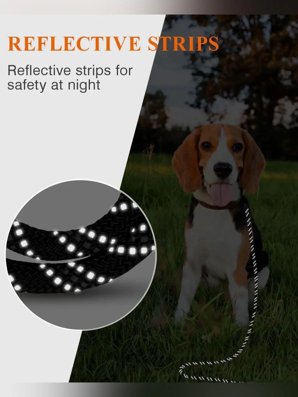 65ft Durable Black & White Reflective Dog Rope Leash - Comfort Handle
